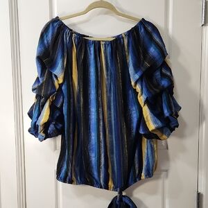 Blue & Yellow Stripe Off-Shoulder Ruffle Sleeve Top